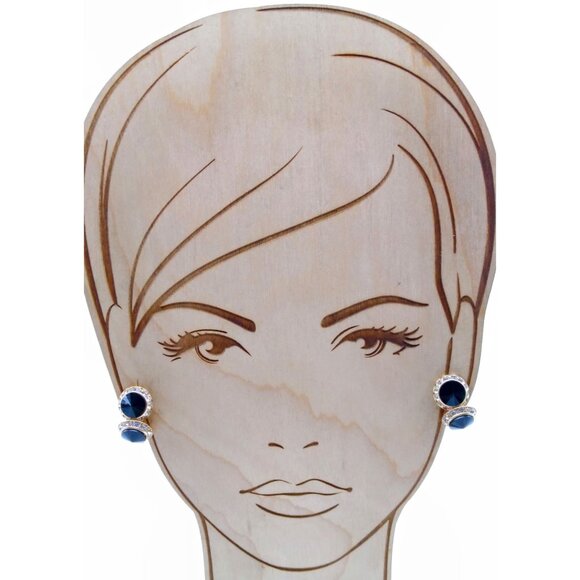 Vintage Black and White Double Circle Earrings, Black Faceted Rivoli Crystals - Picture 3 of 5